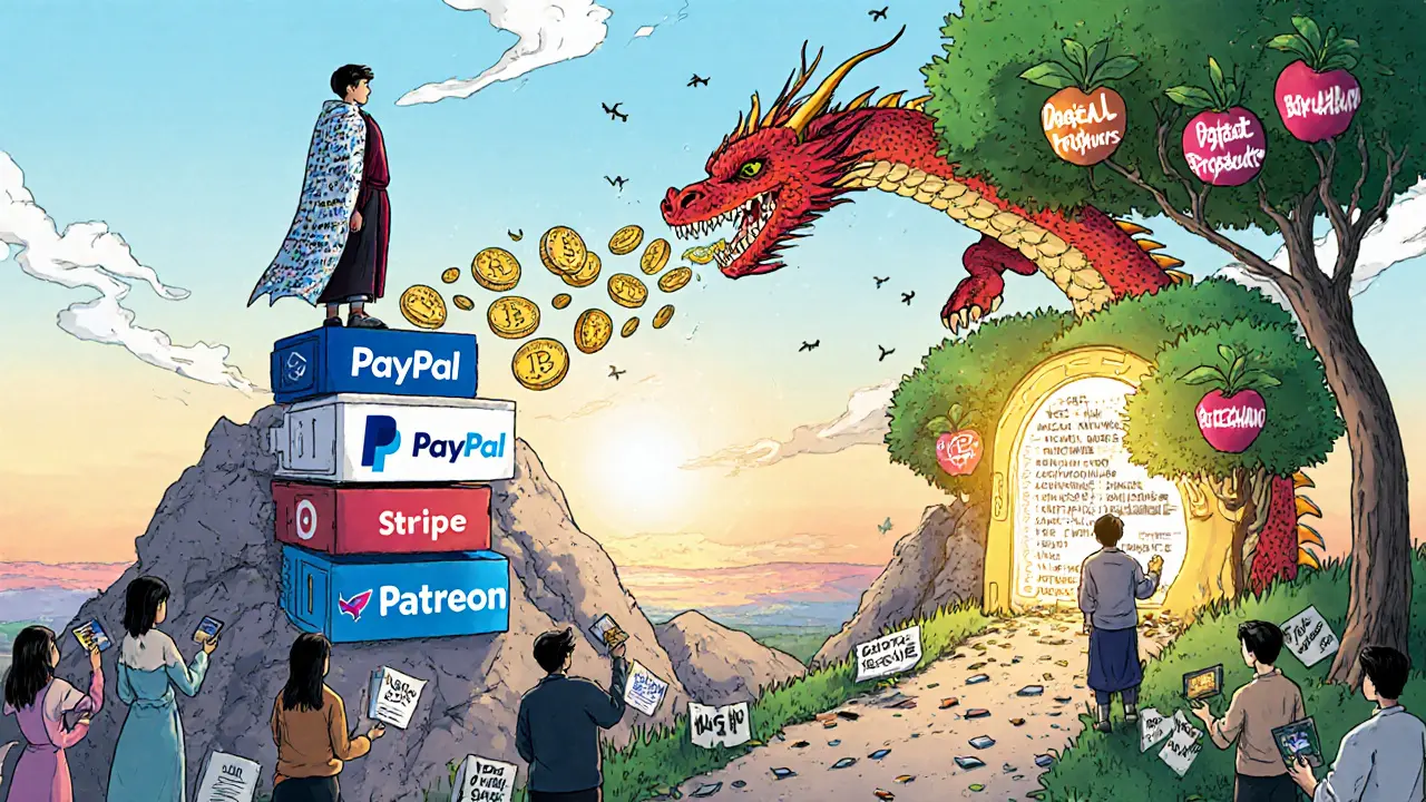 A creator standing on falling payment platforms, walking toward a blockchain portal as fans offer support and golden coins turn into trees.