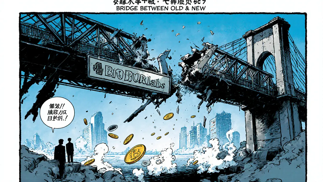 A crumbling digital bridge labeled &#039;BiorLabs&#039; collapses into nothingness as shadowy figures cash out.