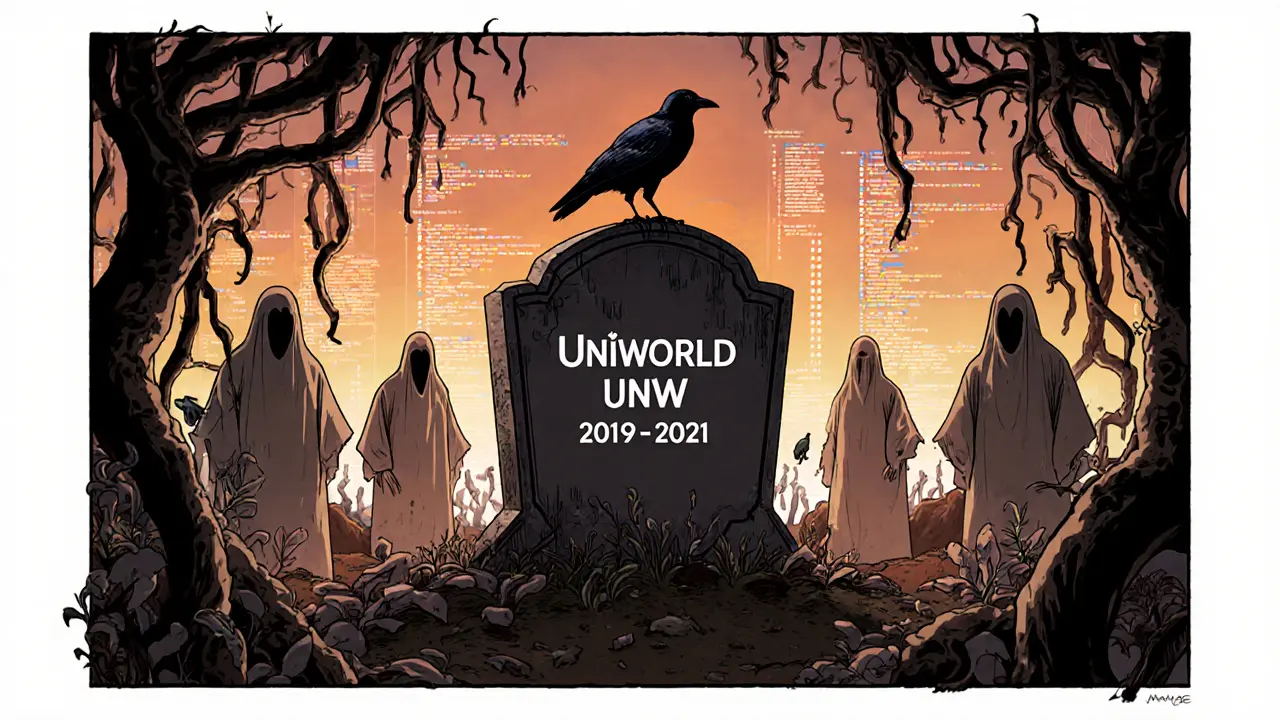 A digital tombstone for UniWorld with ghostly developers and zero-volume charts in manhua style.