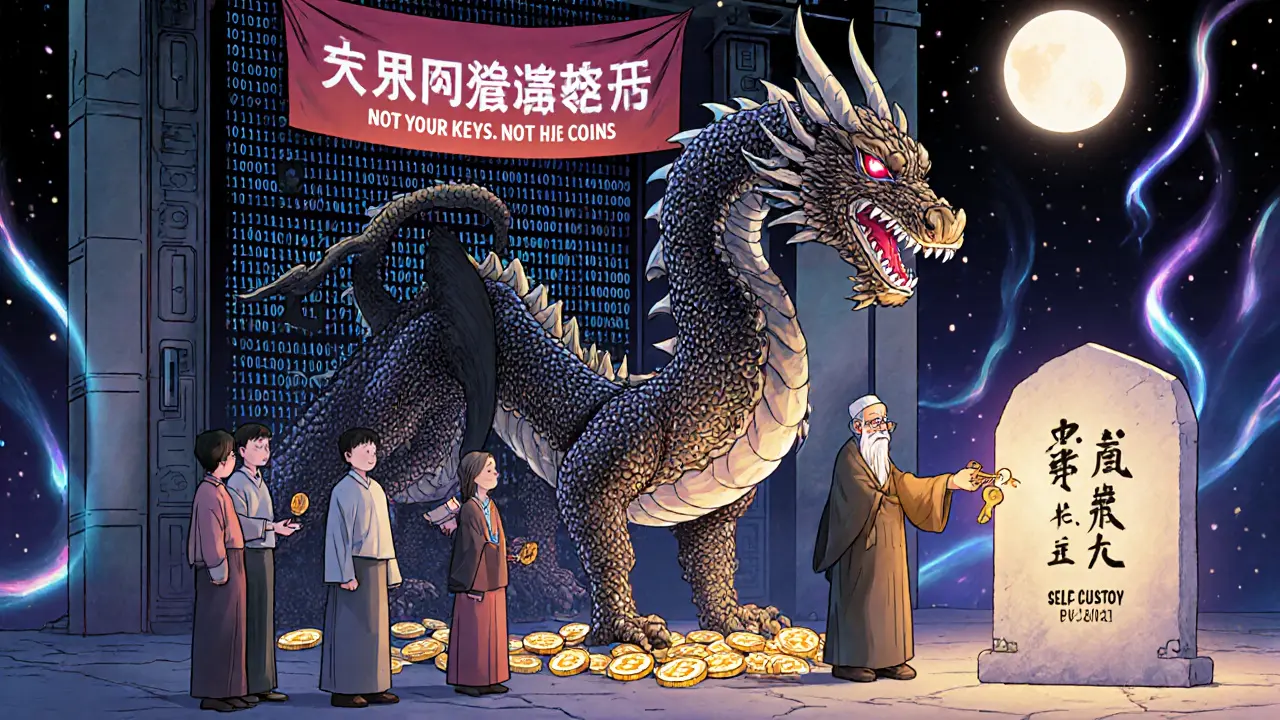 A dragon made of code guards a vault as people give coins to a bank clerk, while one wise elder secures a private key.
