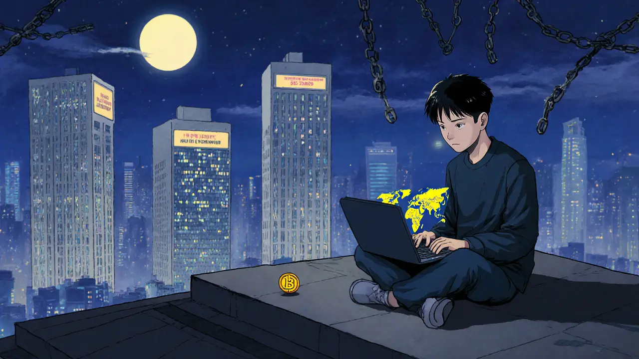 A lone trader looks at offshore platforms from a rooftop as Vietnam&#039;s regulated exchanges loom below.