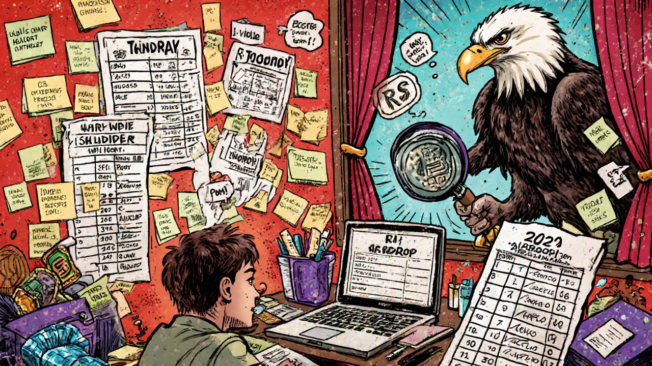 A man in a messy office is overwhelmed by airdrop records while an IRS eagle watches through the window.