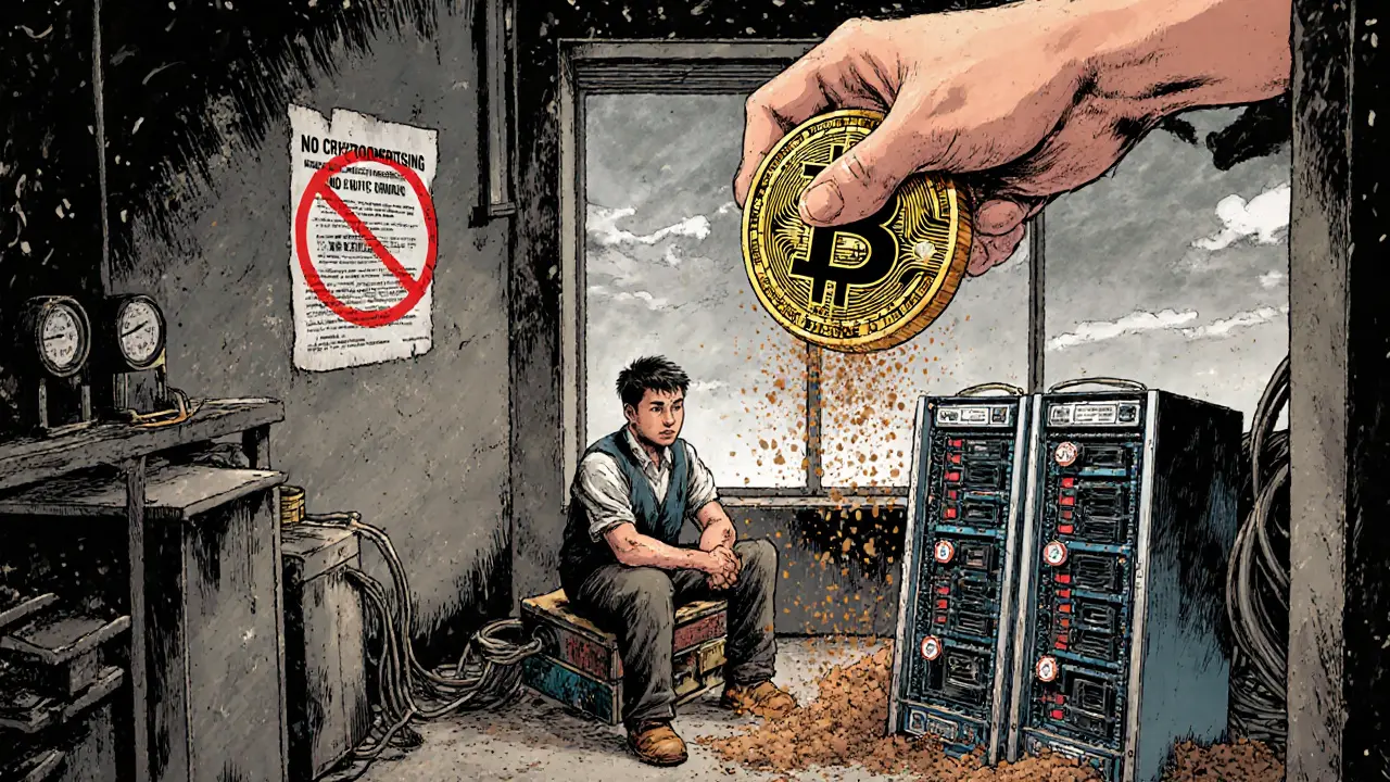 A miner with overheating rigs as a giant government hand crushes a Bitcoin coin, under a &#039;No Crypto Advertising&#039; sign.