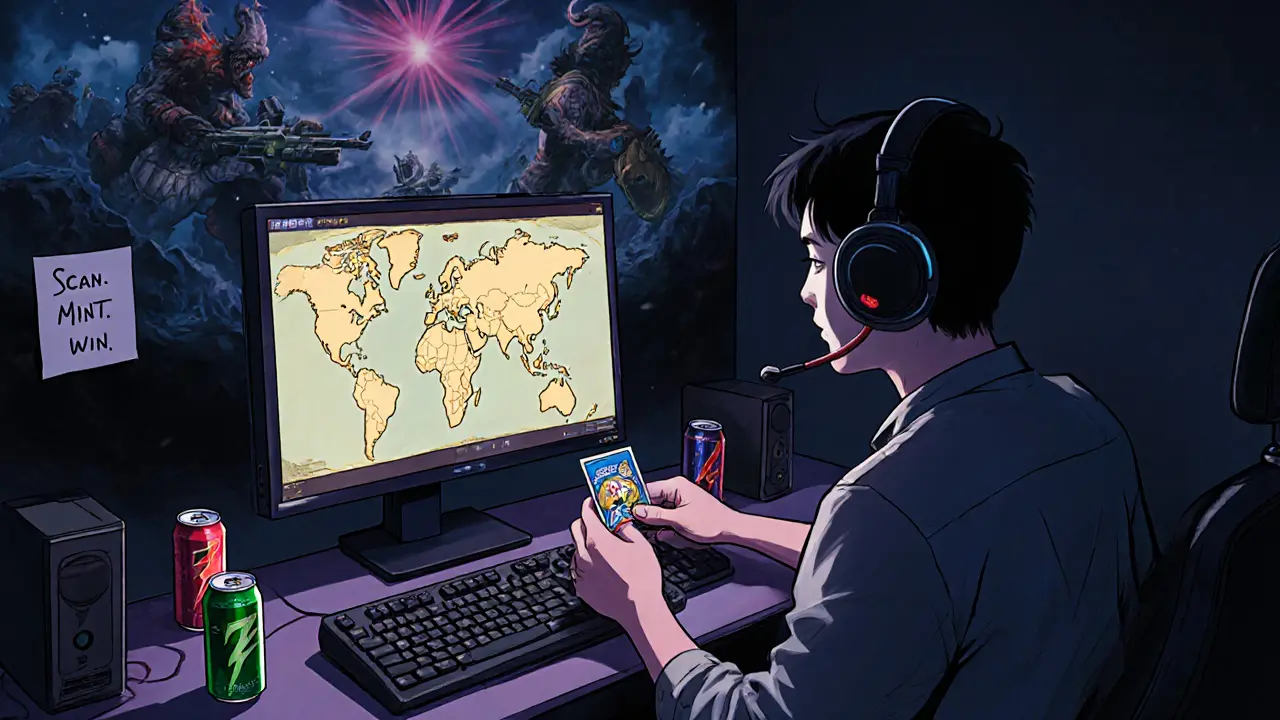 A player at their PC at night, watching MetalCore’s map on screen, with a physical MCG token card on the desk.
