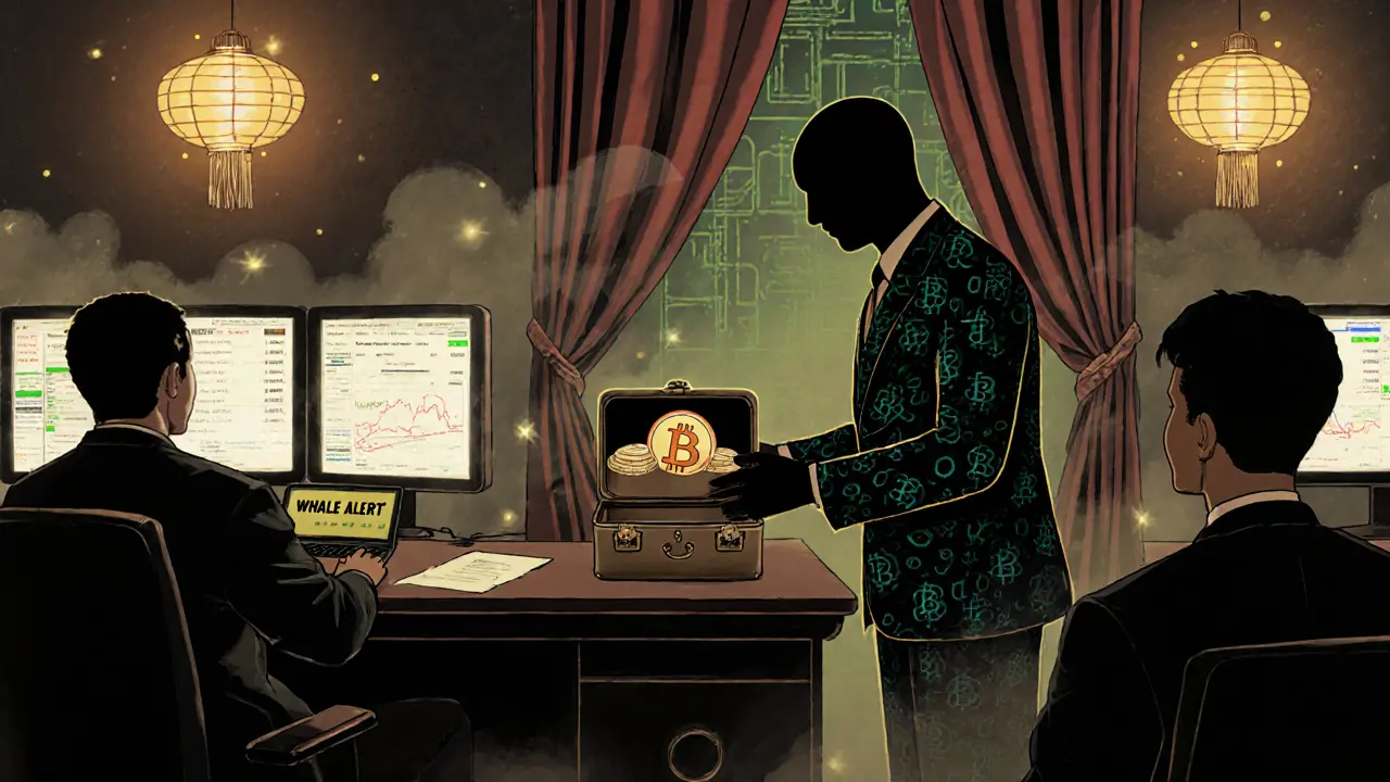 A shadowy institutional whale transfers BTC through an OTC desk while retail traders react to false alerts, in Chinese manhua artistic style.