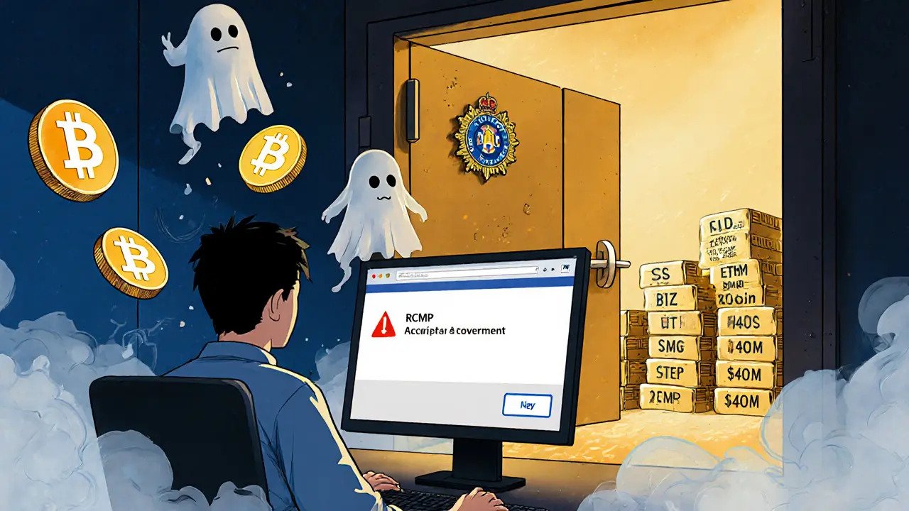 A user facing a 404 error screen as crypto coins vanish, while a government vault with seized funds glows in the background.