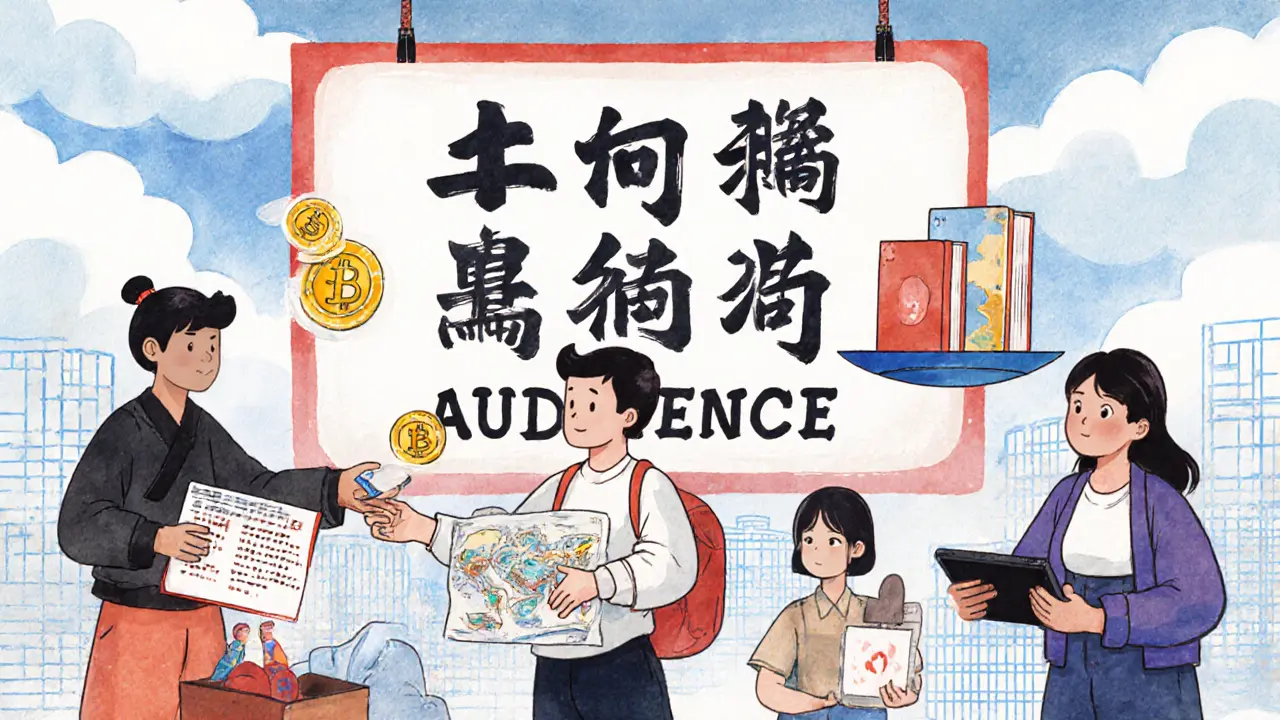 A vibrant marketplace where creators sell digital goods and crypto tokens to customers in a fusion of traditional and modern art styles.