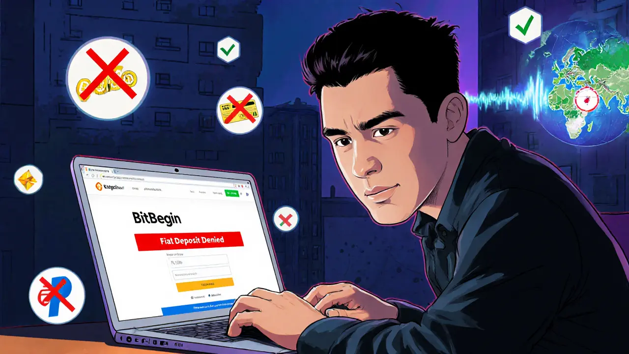 An international trader frustrated by BitBegin&#039;s fiat deposit denial, with global exchange icons around.