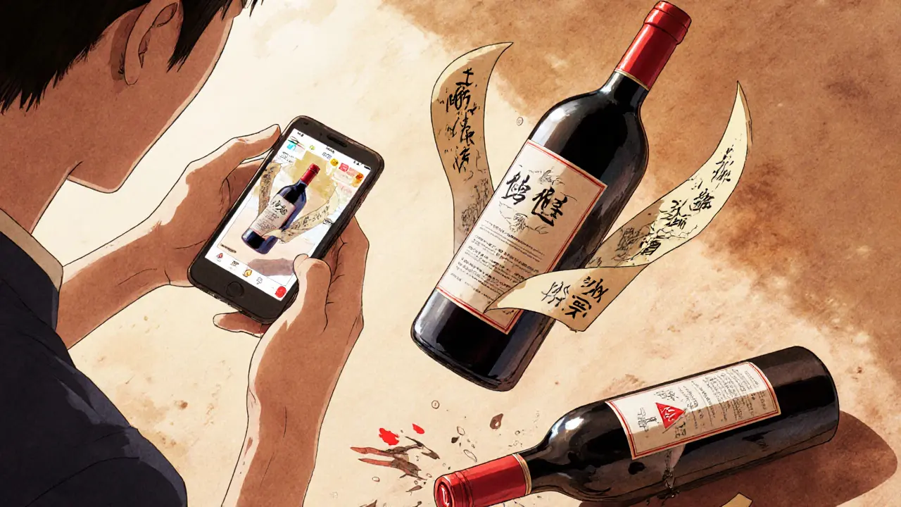 Consumer scanning a wine bottle to reveal its digital history with a floating NFT twin