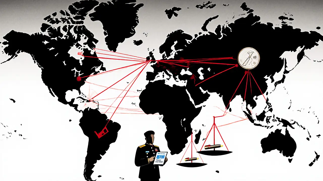 Global crypto theft map linking North Korea to missiles, with an employee hesitating over a phishing LinkedIn message.