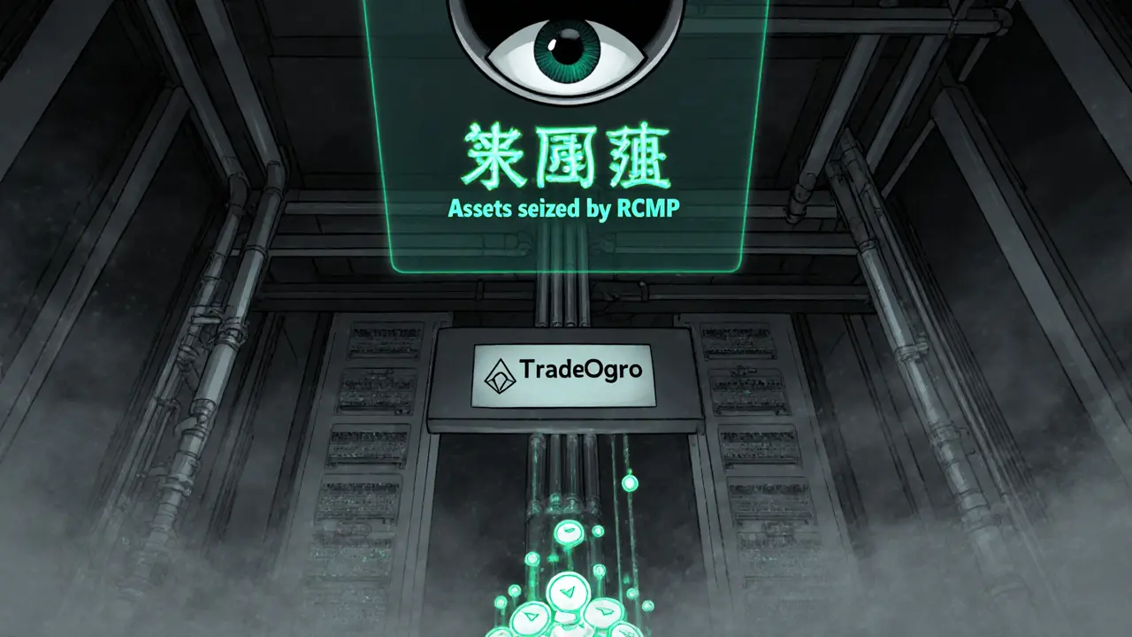 Shadowy server room with Monero coins flowing into a wallet, watched by an AI eye, and a blockchain seizure message in calligraphic glyphs.