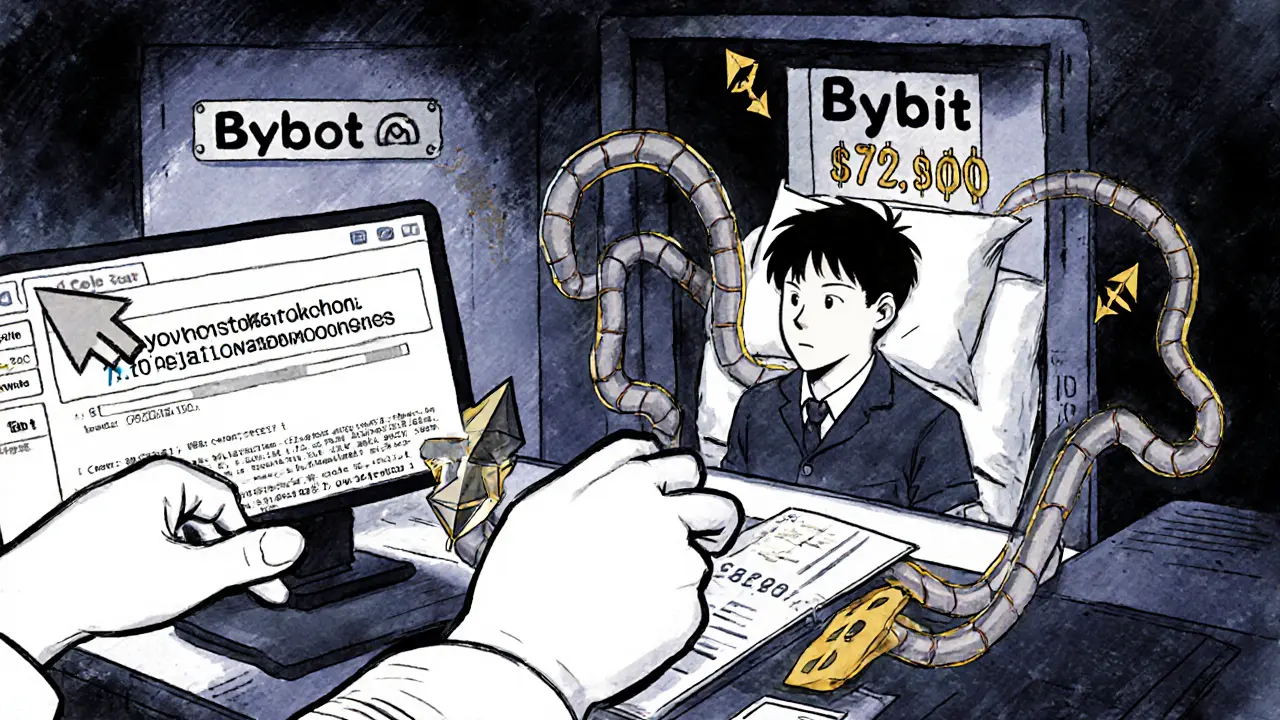 Silent cyber heist: hacker alters crypto transaction while employee sleeps, digital tendrils draining funds from a vault.