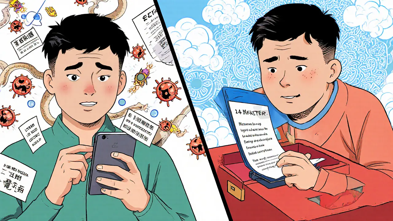 Split scene: one man at a risky phone wallet, another safely using a hardware device with recovery phrase on paper.