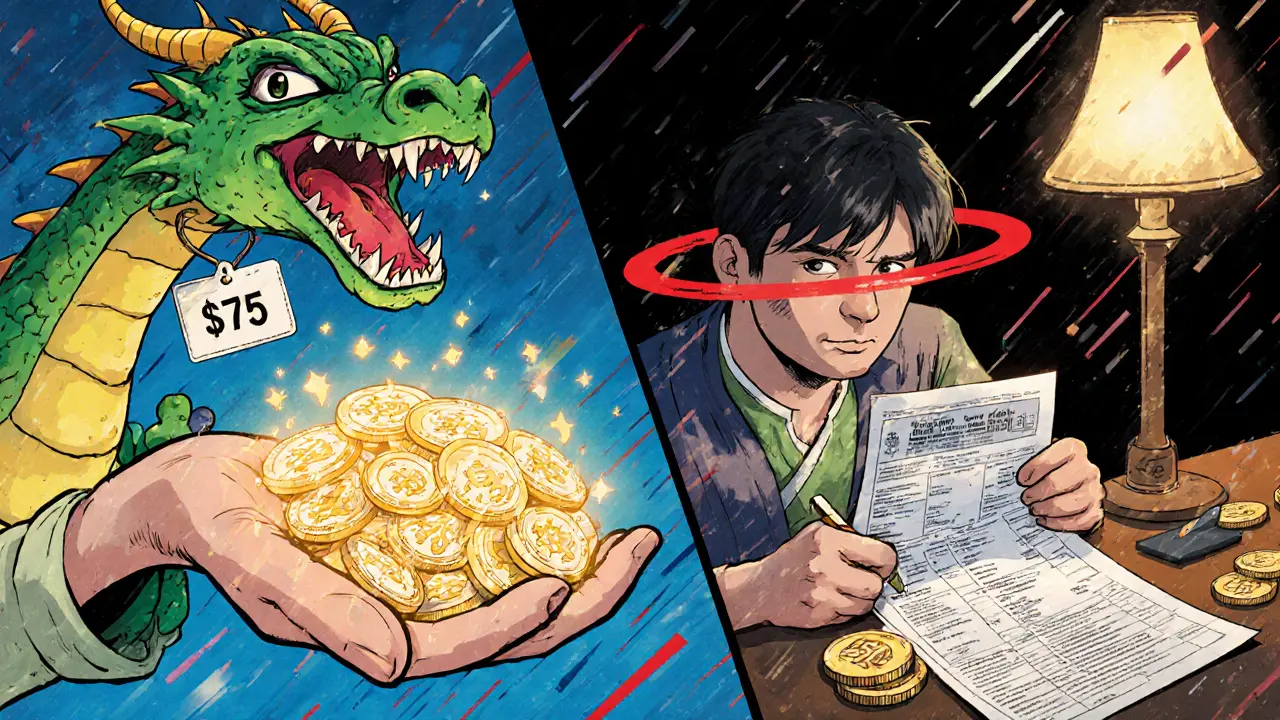 Split scene: person receiving crypto tokens joyfully on one side, nervously filing taxes on the other.