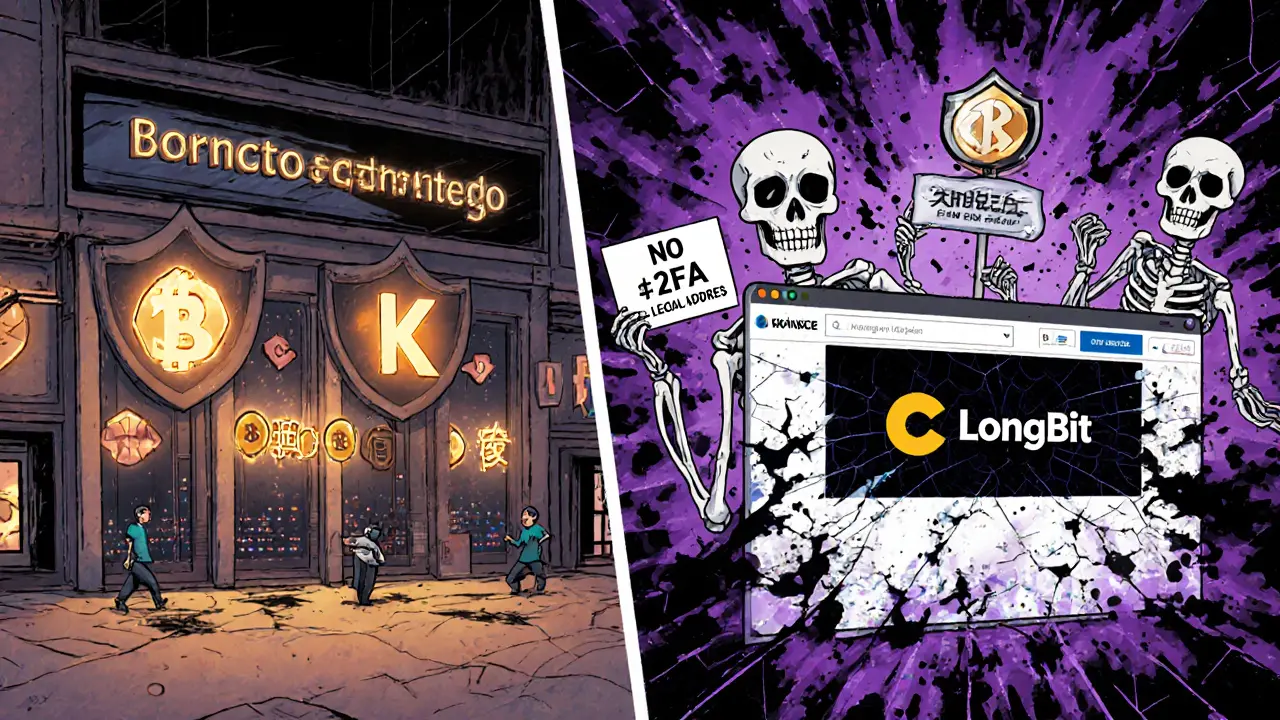 Split scene: trusted exchanges glowing safely on one side, a crumbling fake site with skeletons on the other.