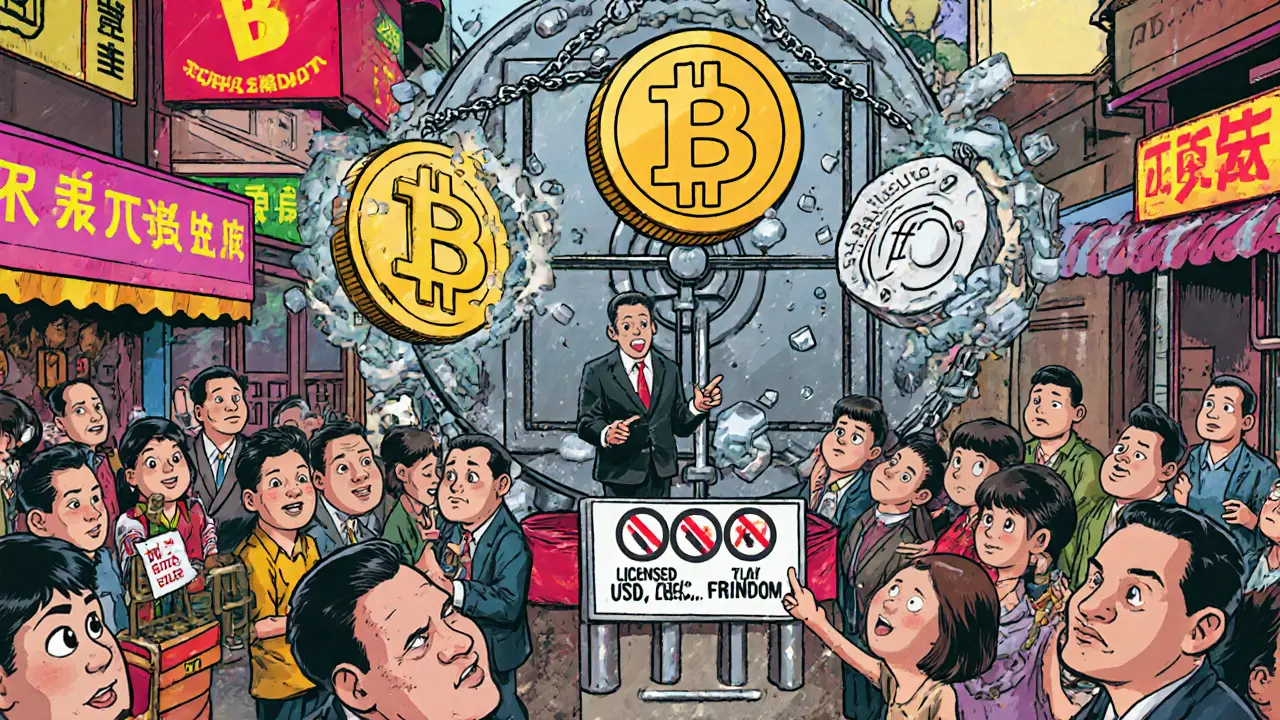 Traders exchange crypto for Vietnamese dong while stablecoins are locked in a forbidden vault.