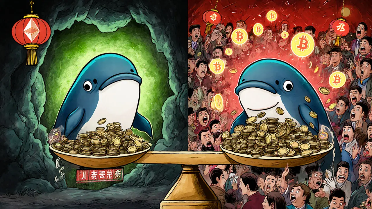 Two whales on a balance scale: one withdrawing coins to a cave, the other dumping them on an exchange, in Chinese manhua illustration style.
