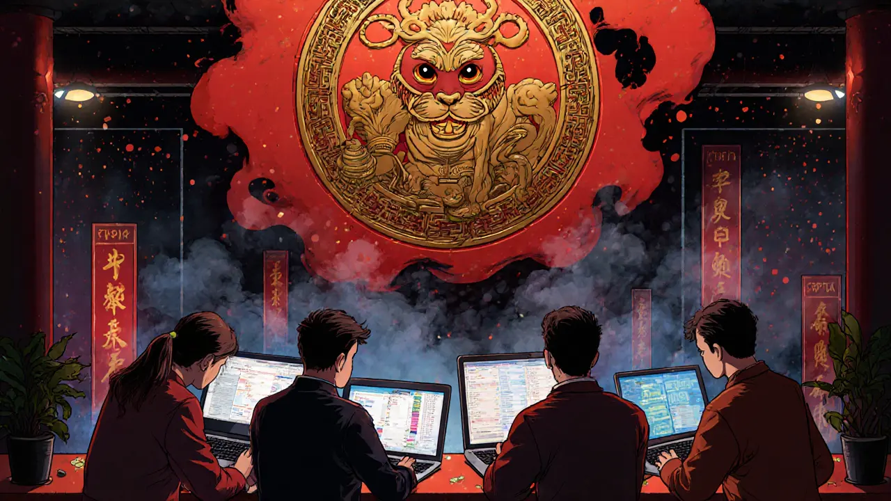 Underground traders using laptops to exchange DAI stablecoins, with a looming CBI seal watching over them.