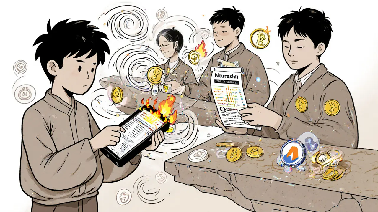 A confused beginner surrounded by chaotic crypto fees, while experienced traders receive clear risk scores from Neurashi.