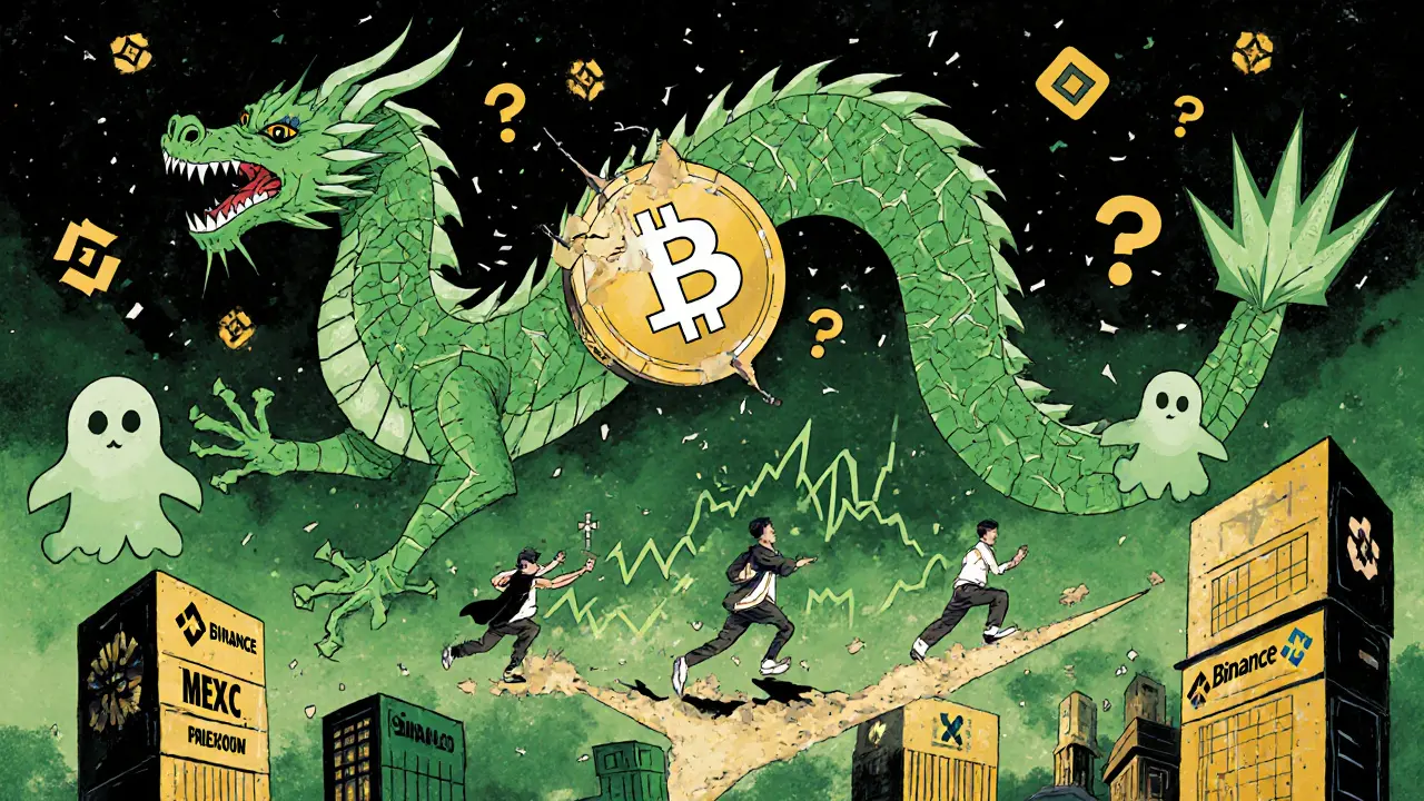 A crumbling paper dragon made of price charts flies over exchanges as investors chase it, wallets emptying like sand.