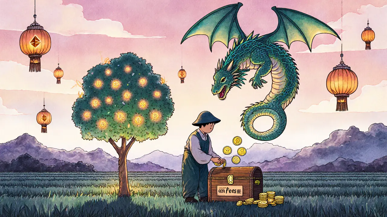 A farmer grows ETH and USDC trees under a blockchain dragon, with floating lanterns and future 0% fee signs in manhua art.