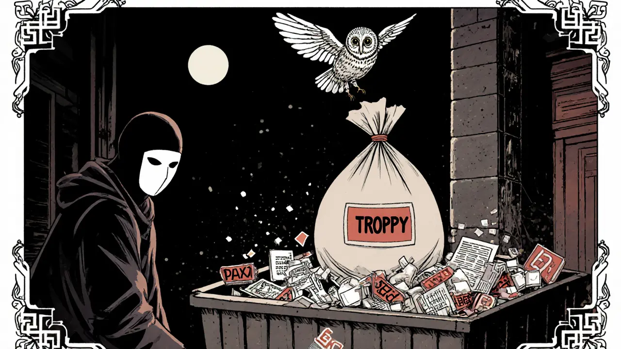 A masked figure dumps TROPPY into a trash bin filled with fake crypto documents, while an owl with SEC wings watches.