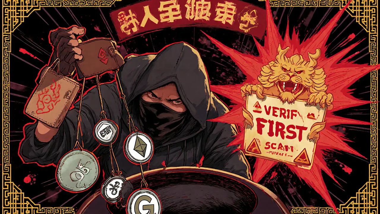 A scammer pulls strings to drain a wallet into a black hole labeled &#039;TRO Airdrop Scam.&#039;