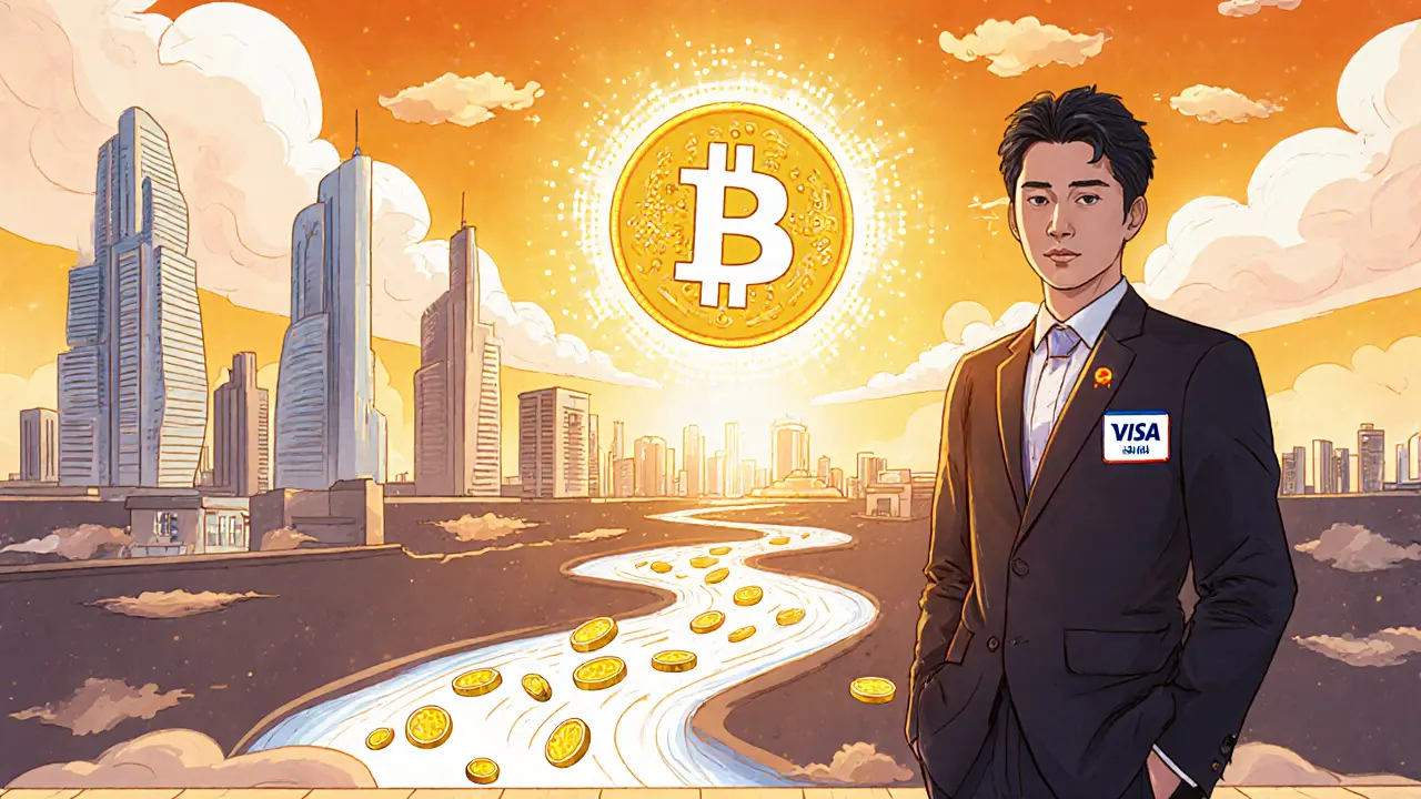 A trader on a Dubai rooftop enjoys the view as blockchain towers and a golden visa emblem shine in the skyline behind him.