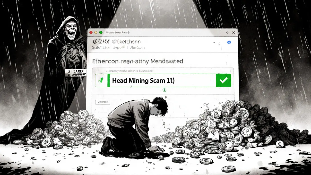 A user mourns a drained wallet as a scammer celebrates, with the real LARIX contract glowing above.