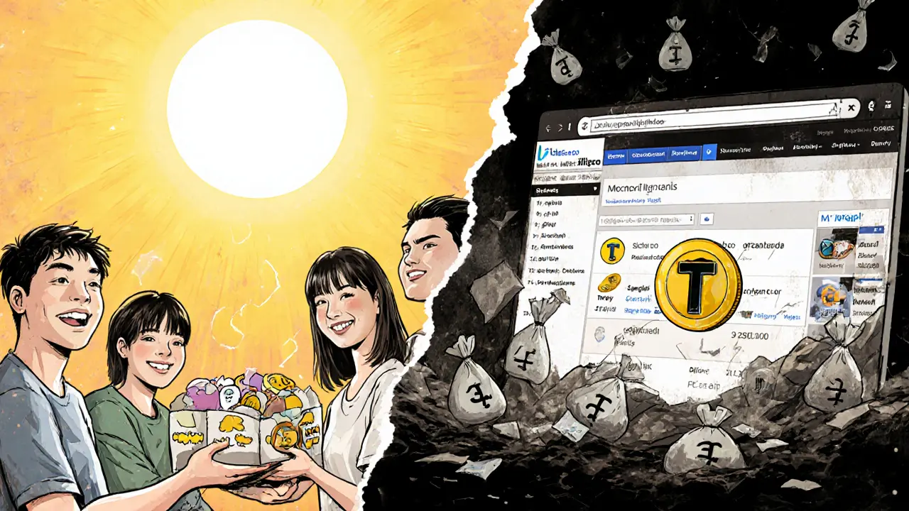Contrast between verified CoinGecko airdrop and crumbling Trodl website in ghostly tones.