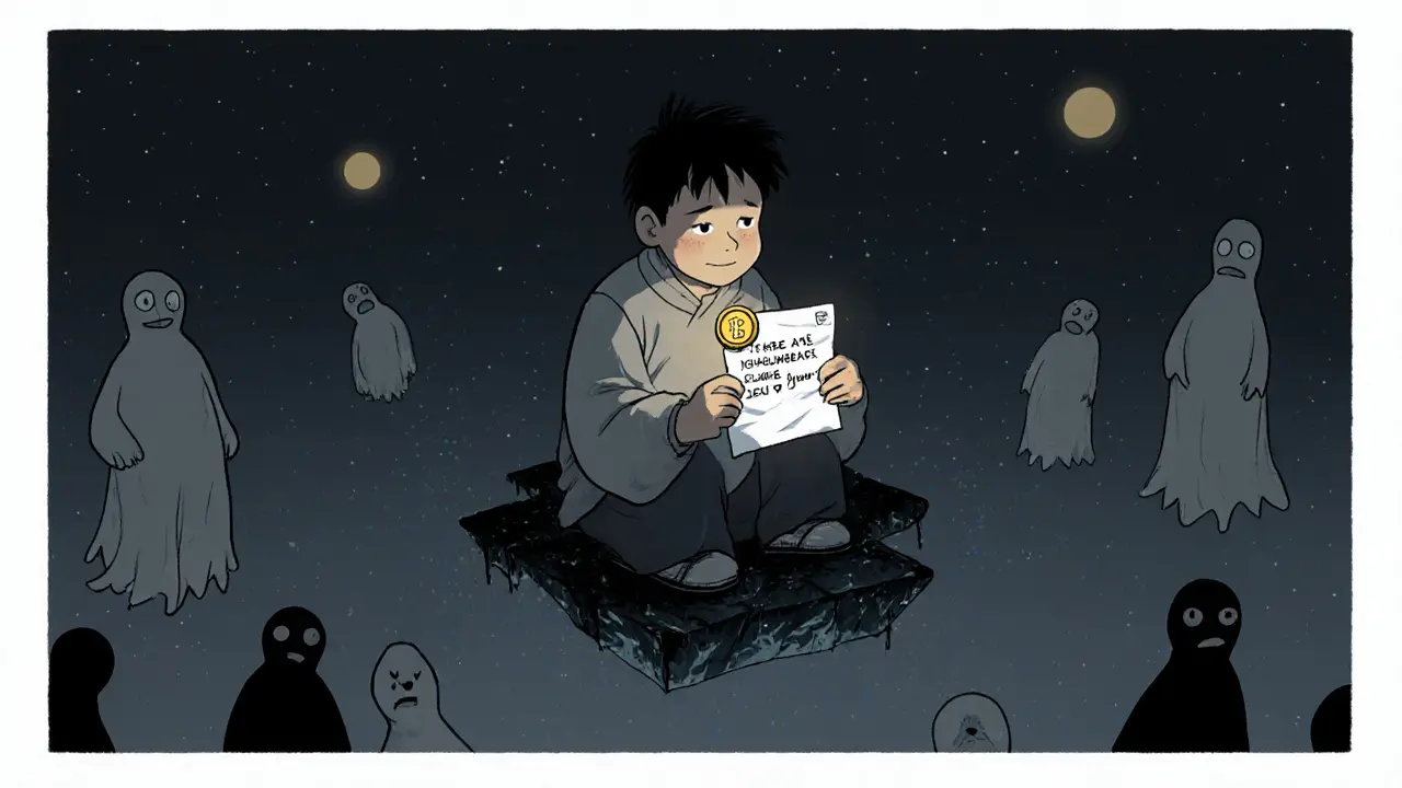 Hege sits alone on a floating blockchain fragment, holding a love letter, as failed coins sink into darkness.