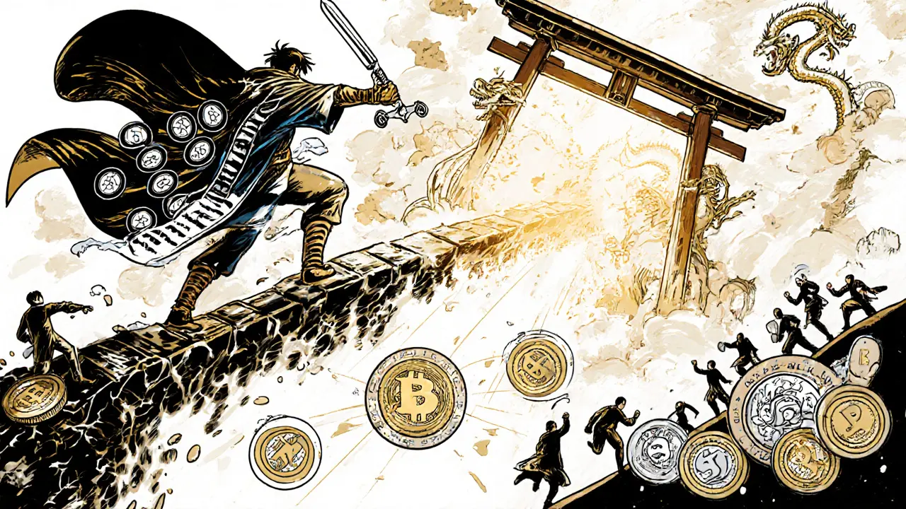 Heroic early adopter fighting DeFi risks with PoL sword, while mainnet gate glows in background.