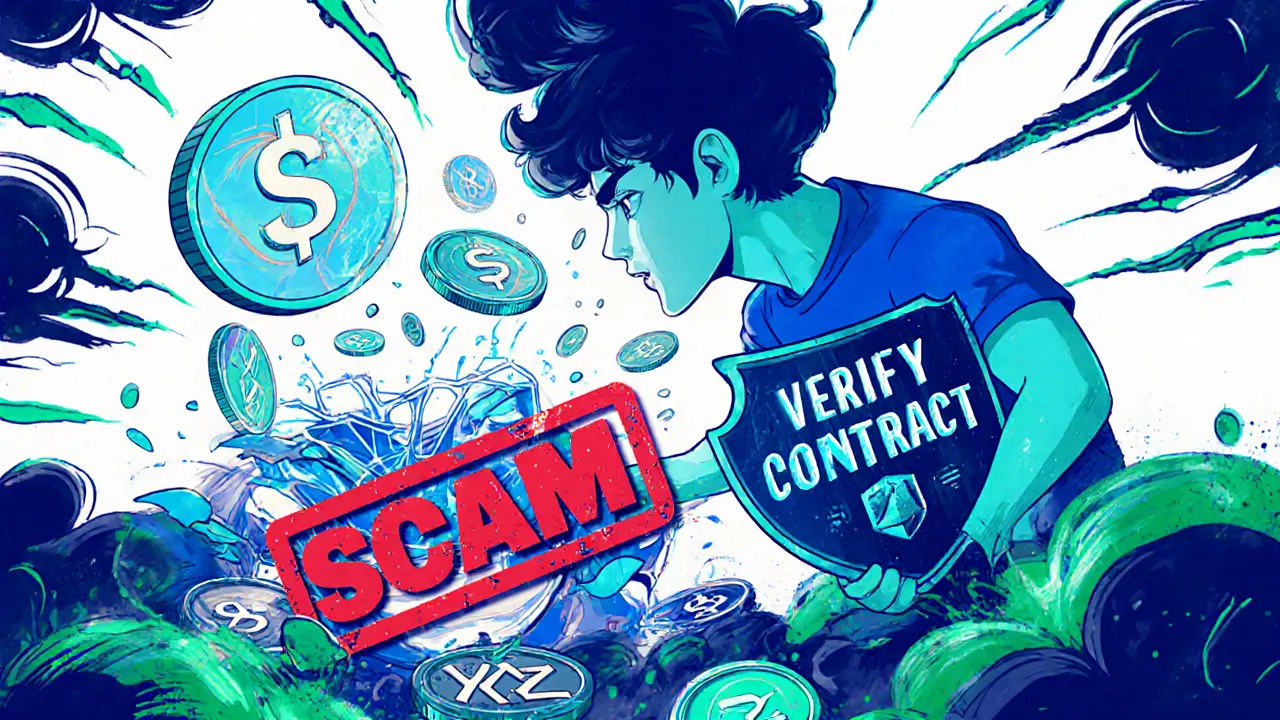 LARIX tokens flow to legitimate liquidity providers while fake websites are crushed by a scam stamp.