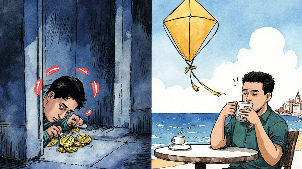 Split scene: one side shows a trader hiding crypto under threat, the other shows him relaxed in Malta with a tax-free crypto chart rising like a kite.