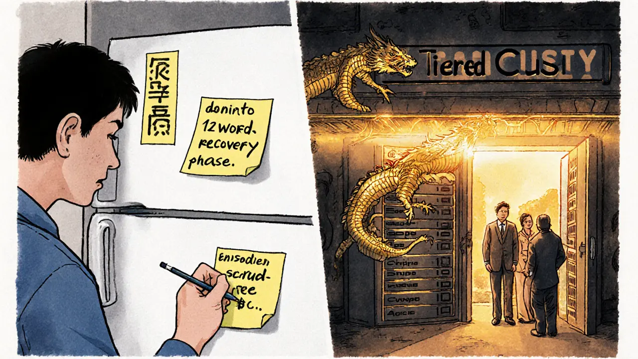 Split scene: someone risks recovery phrase on fridge vs. professionals securing assets with HSMs.