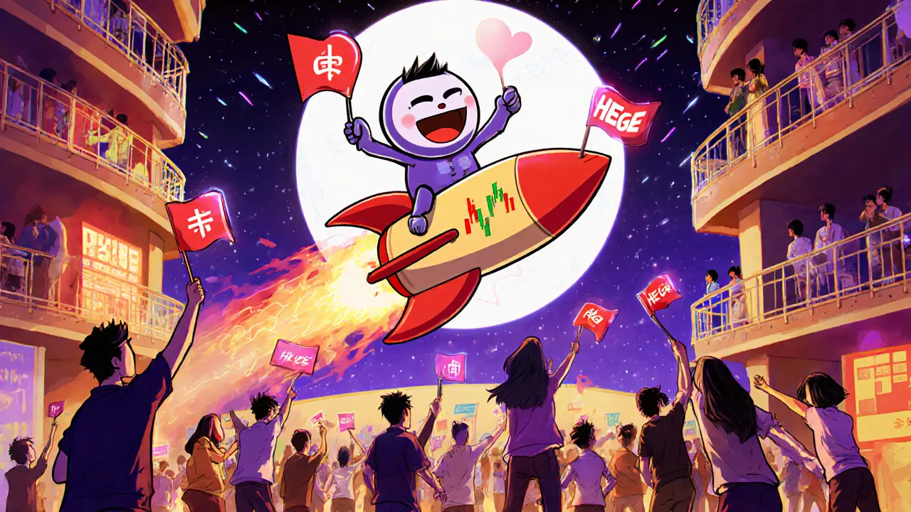 Traders cheer as a Hege mascot rides a rocket made of charts toward a heart-shaped moon on Solana.
