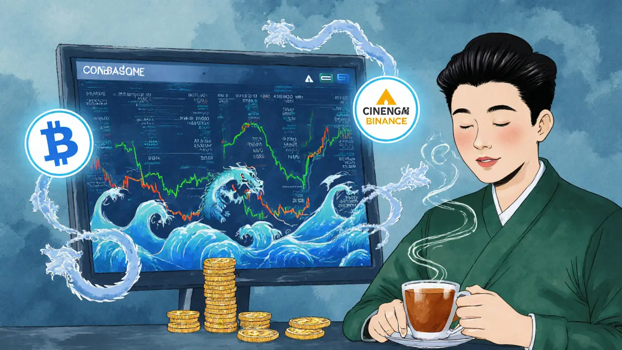 A calm investor watching automated crypto buys smooth out volatile price swings, surrounded by digital finance icons.