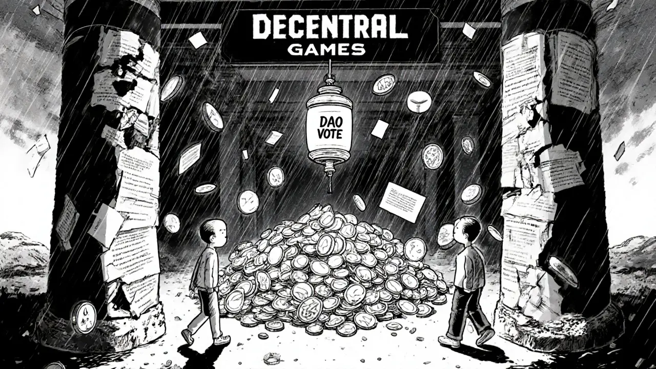 A crumbling Decentral Games temple with fading DAO light as players abandon it in a digital wasteland.