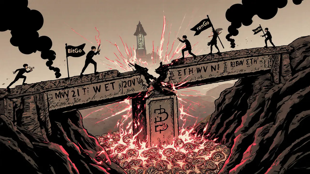 A crumbling WBTC bridge collapses as funds fall into darkness, with decentralized alternatives visible on the sides.