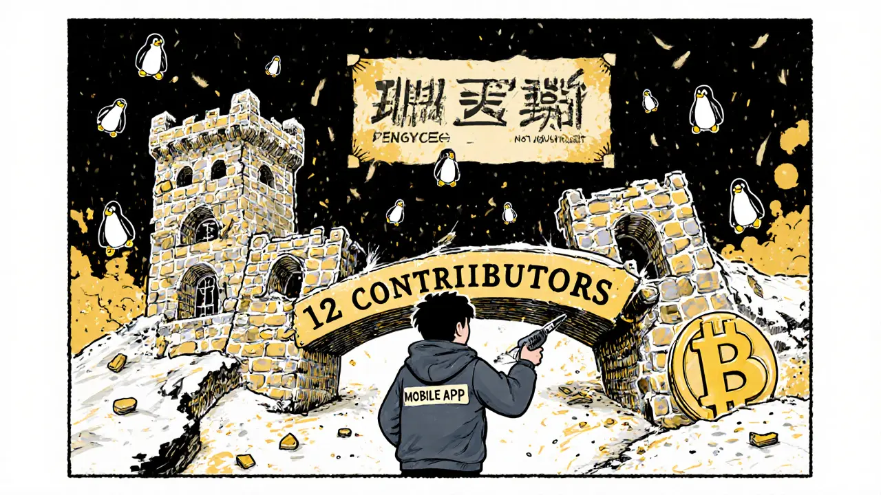 A digital castle made of blockchain bricks crumbling, with a developer repairing it as golden penguin feathers fall around.