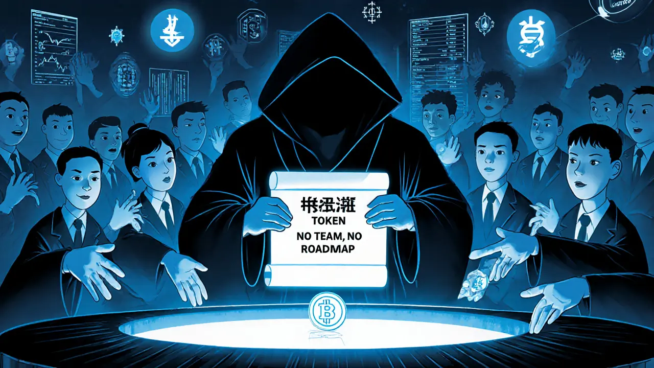 A faceless figure offers a HACHI token to eager investors, while a pit labeled &#039;No Team&#039; yawns beneath them.