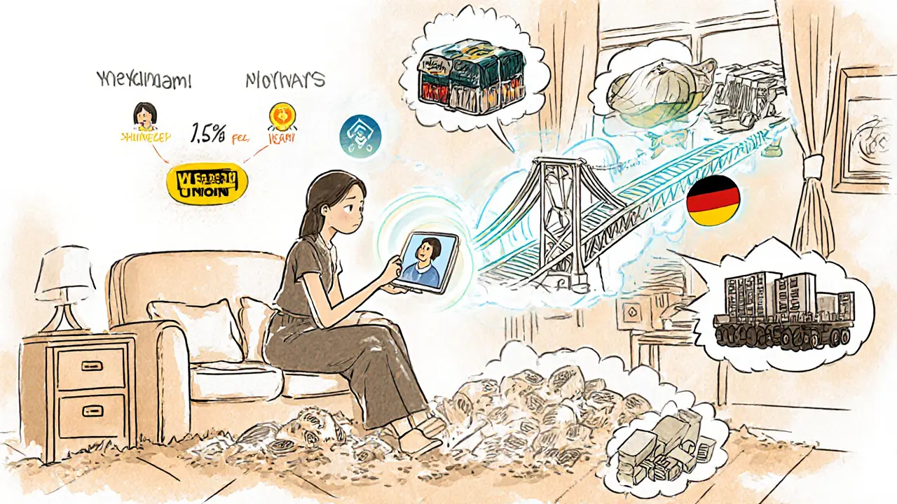 A freelancer sends remittances overseas via crypto, with traditional transfer methods crumbling as digital bridges connect nations.