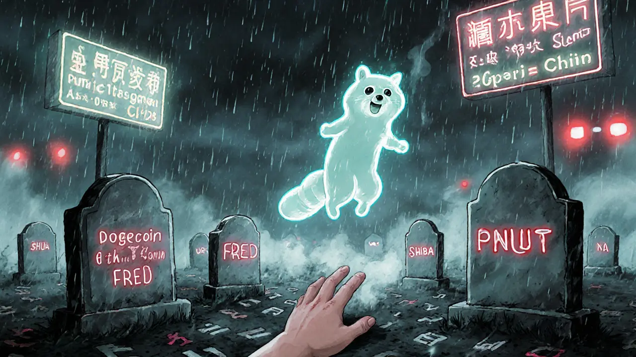 A ghostly raccoon drifting above a graveyard of dead memecoins under a neon-lit stormy sky.