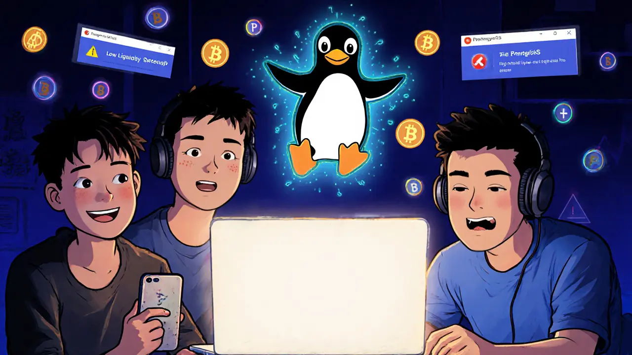 A group of people gathered around a laptop, one listening to Pengycoin music, with a holographic penguin dancing above the screen.