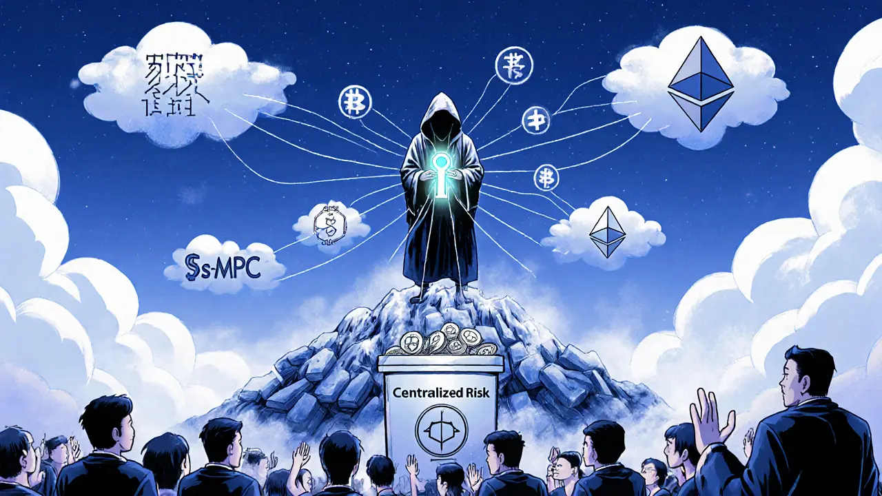 A hacker releases a cryptographic key that connects to 100+ decentralized nodes, symbolizing trustless Bitcoin in DeFi.