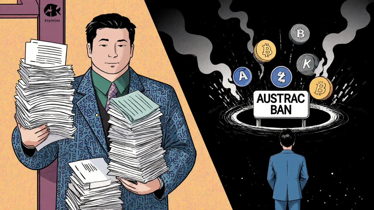 A Japanese user submits paperwork to a blockchain-suited gatekeeper as privacy coins vanish.