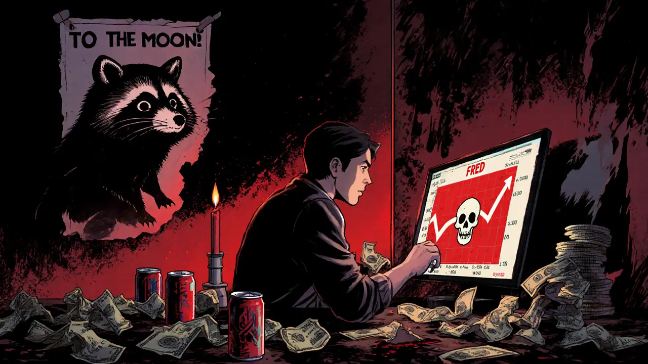 A lonely trader surrounded by empty cans and a crashing price graph, with a fading raccoon ghost behind him.