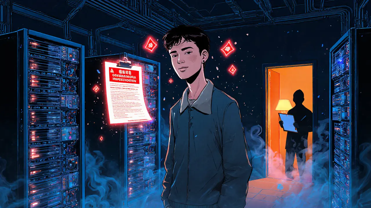 A miner faces an ASFI inspection notice as his rigs hum in a dim garage.