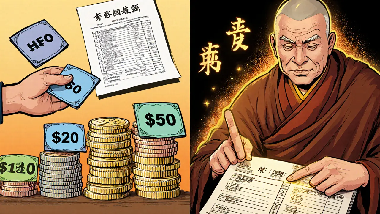 A person sorts crypto tokens by purchase price using HIFO method, with tax calculations shown in glowing ledger.