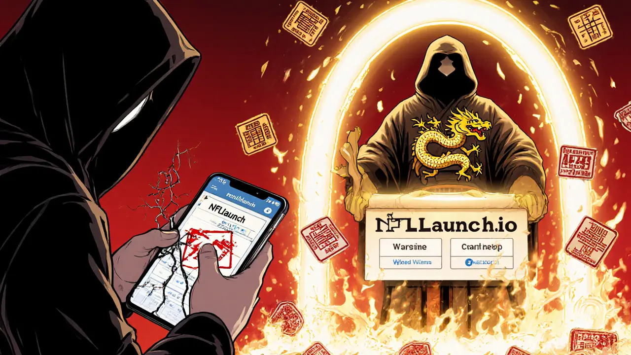 A scammer forging a fake NFT while a guardian NFT destroys counterfeits with light, warning seals floating nearby.